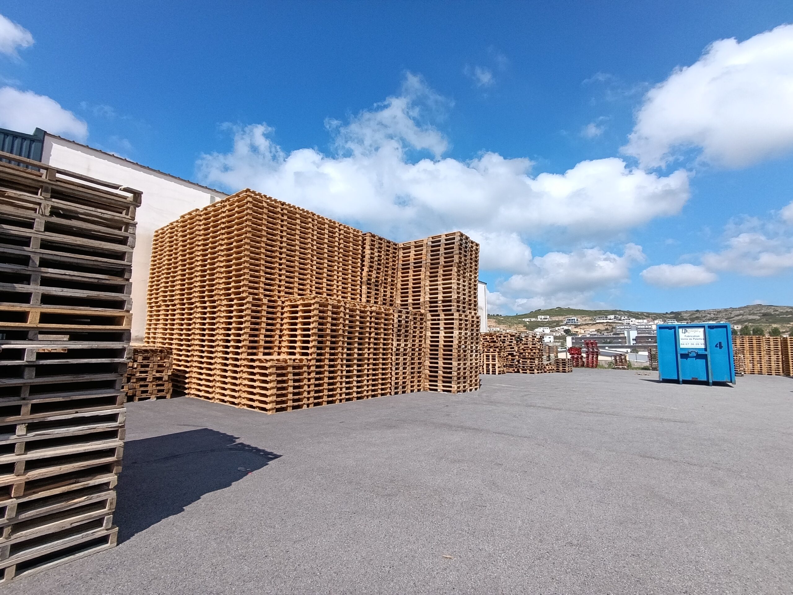 Très grandes piles de palettes en bois clair dans un vaste parc de stockage extérieur sous un ciel bleu nuageux, avec un bâtiment et un conteneur en arrière-plan.